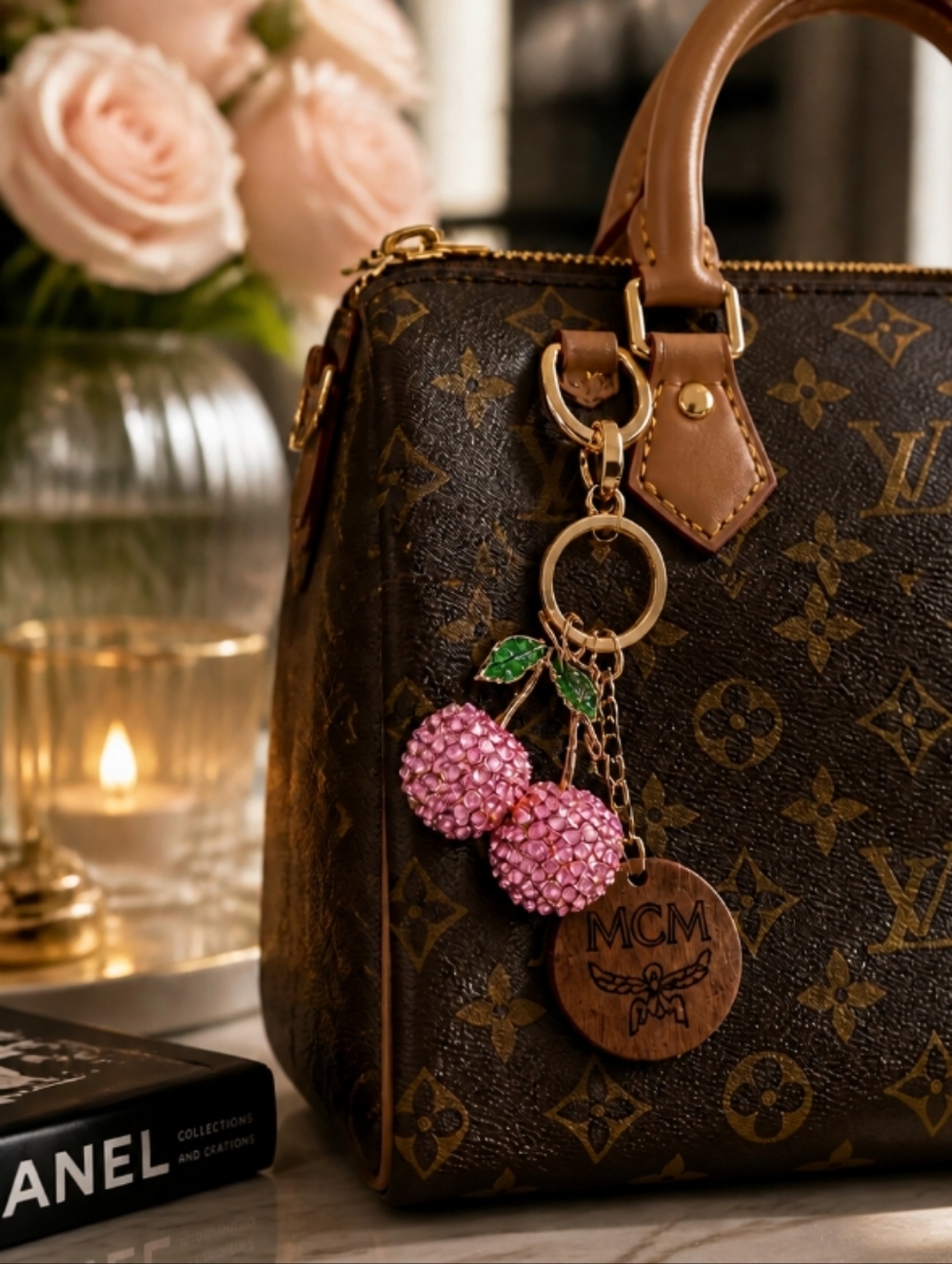 MCM Leather Circle With Pink Crystal Cherry Charm Keychain Designer Bag Charm